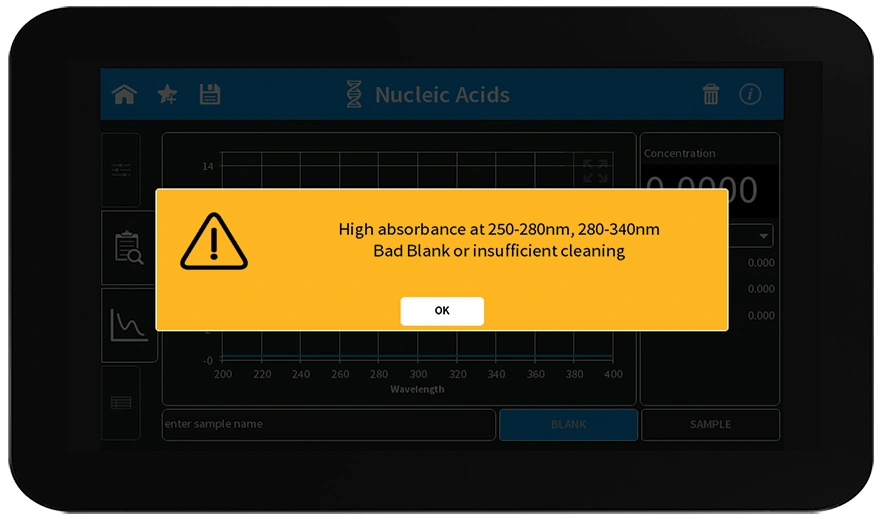 implen, nanophotometer, spectrophotometer, nanodrop alternative, warning screen