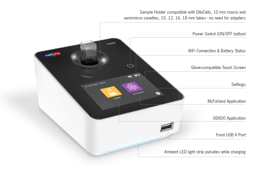 Implen OD600 McFarland applications device features, Optical density at 600 nm Turbidity standards