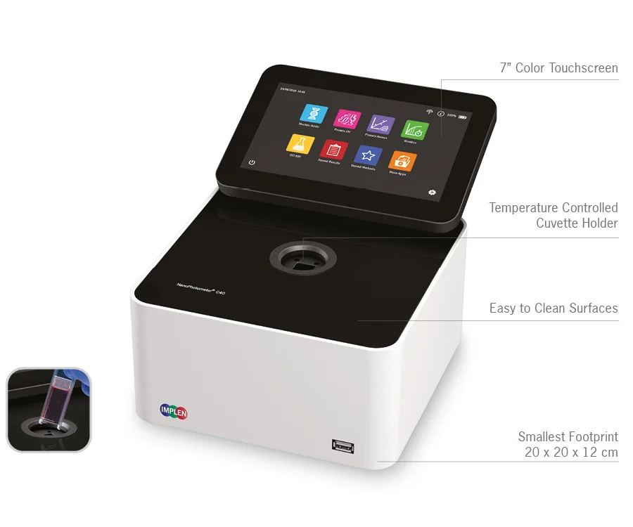 Implen C40 tech specs UV-Vis cuvette spectrophotometer top nanodrop alternative
