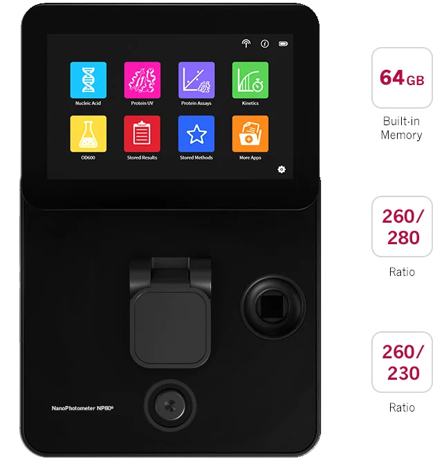 Implen NP80 stand-alone 64GB memory, 260/280 260/230 ratio spectrophotometer, nanodrop alternative
