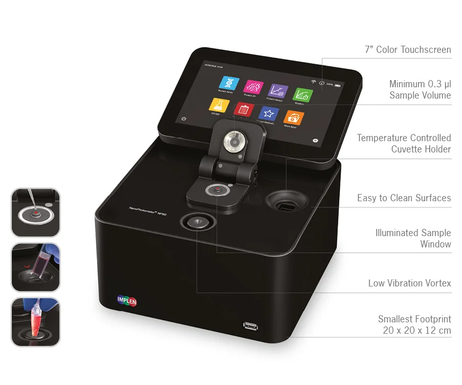 Implen NP80 tech specs UV-Vis microvolume cuvette spectrophotometer top nanodrop alternative