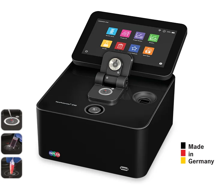 Implen NanoPhotometer NP80 microvolume UV/Vis spectrophotometer, cuvette, vortex, made in Germany